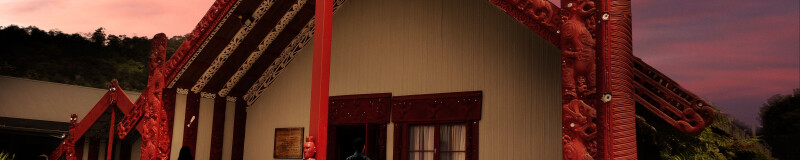 Marae at night with people silhouetted  standing in front