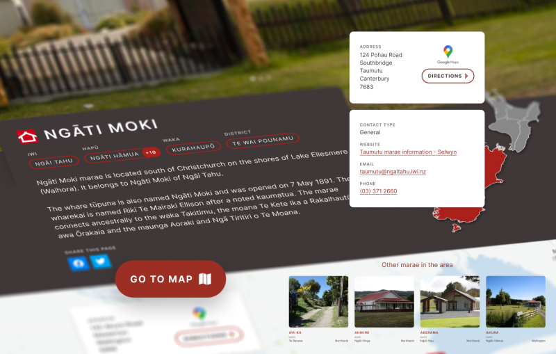 Montage of UI components of from the Marae page template for the Maori Maps website