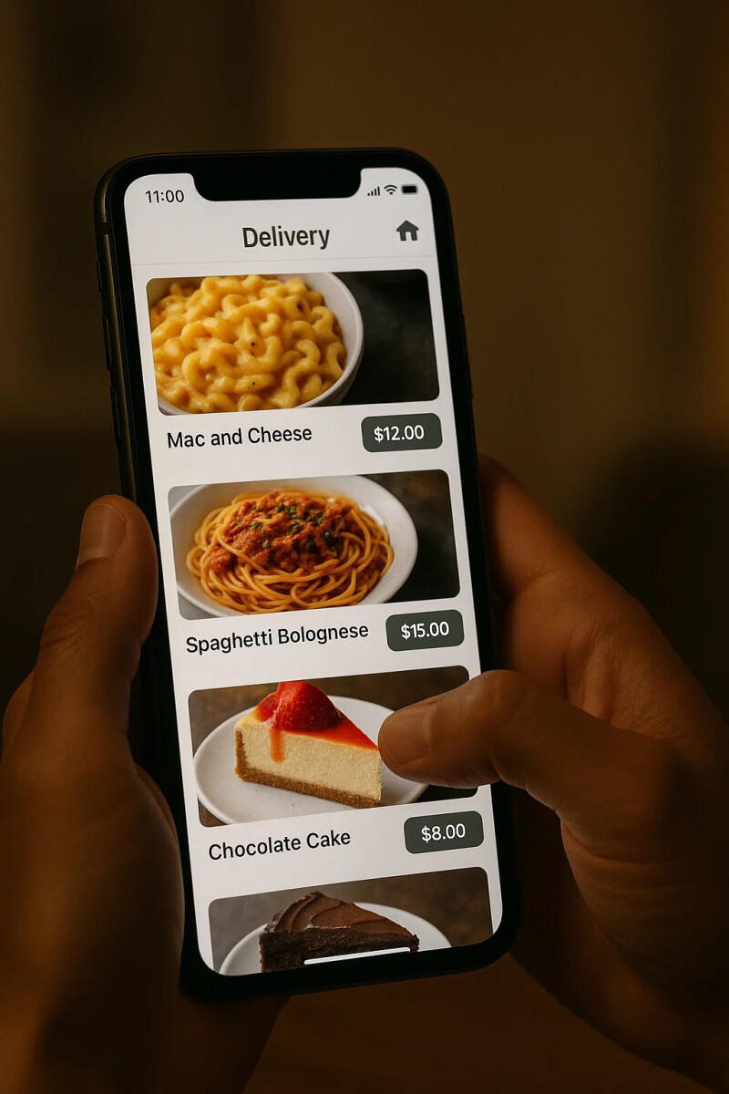 Close up of user scrolling through food options on a delivery app