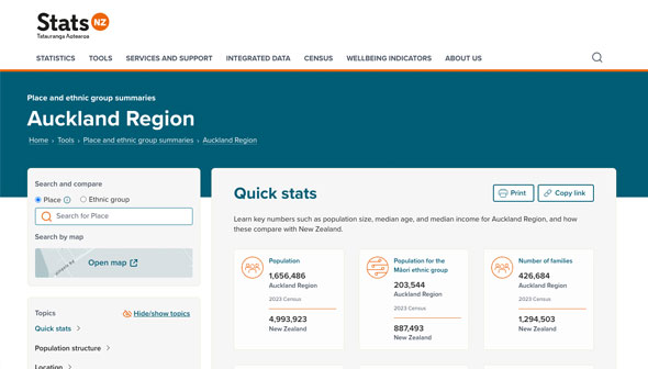 Screenshot of StatsNZ - Place and Ethnic Group Summaries