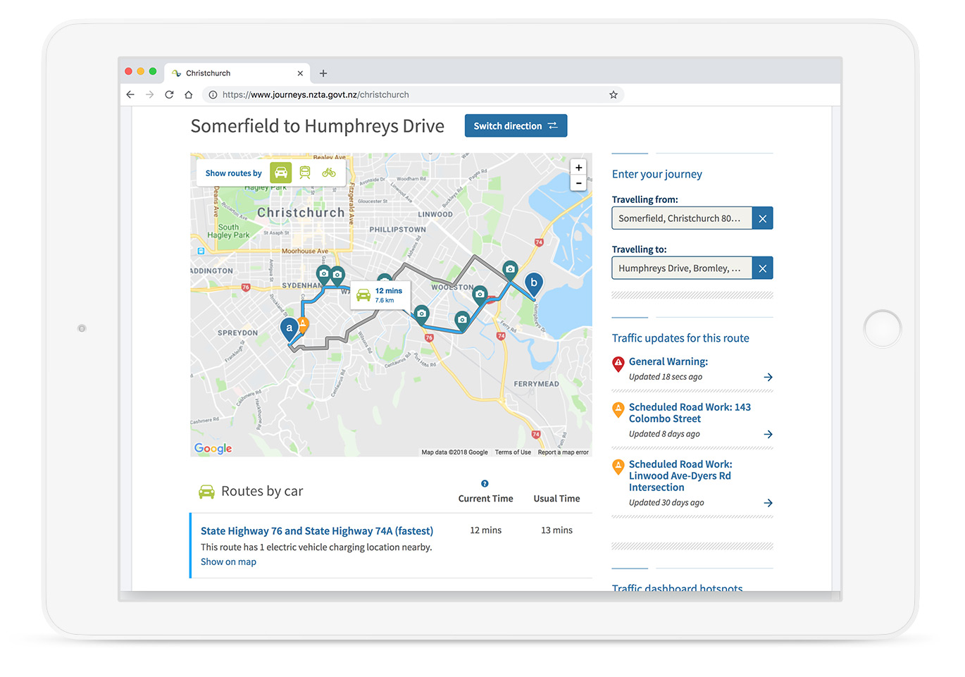 Screenshot of the Journey Planner UI on an iPad